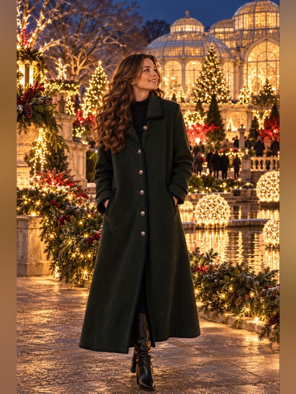 Long Dark Green Women's Wool Coat
